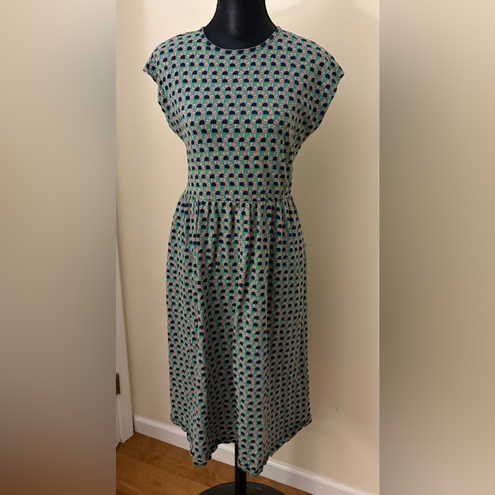 Boden Teal and Navy Geo Print Printed Cap-Sleeve Midi Dress